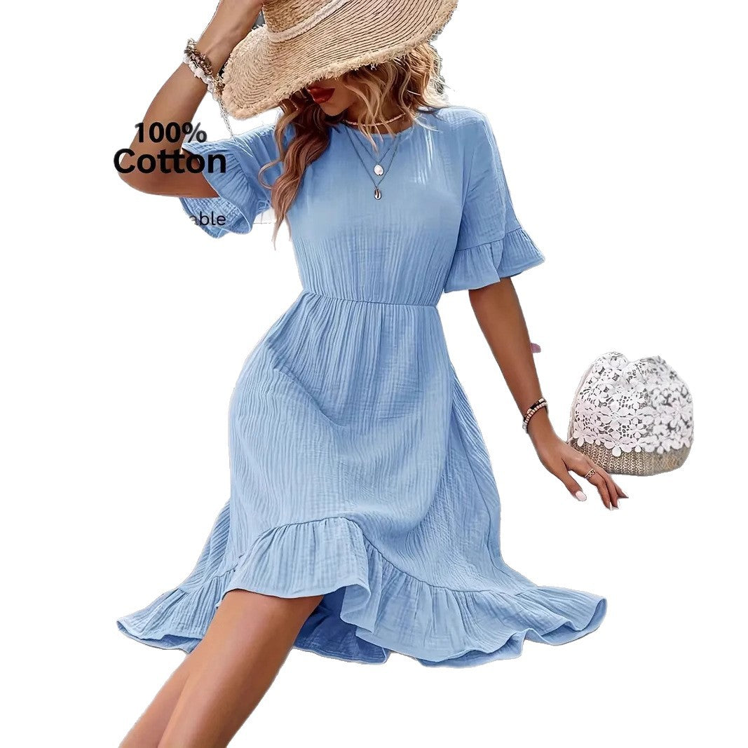 Damen Midi Kleid mit Volants und leichtem Gummizug