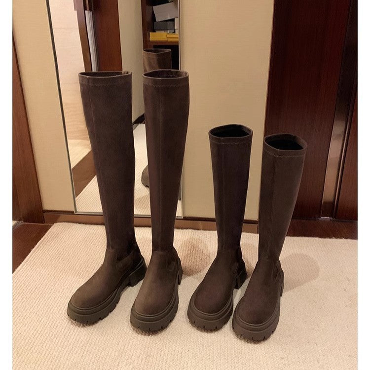 Damen Wadenhohe Veloursleder-Stiefel mit markanter Lug‑Profilsohle und elastischem Schlupfschaft Shop Nory