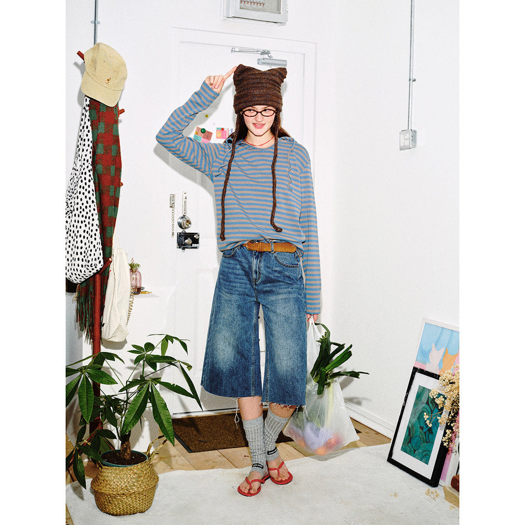 Damen Gestreiftes Langarm-Hoodie-Shirt mit V‑Ausschnitt und Kapuzenband Shop Nory