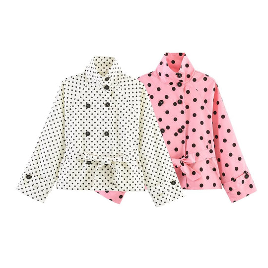 Damen Gekürzter gepunkteter Trenchcoat mit Stehkragen, Taillengürtel und Doppelknopfleiste Shop Nory