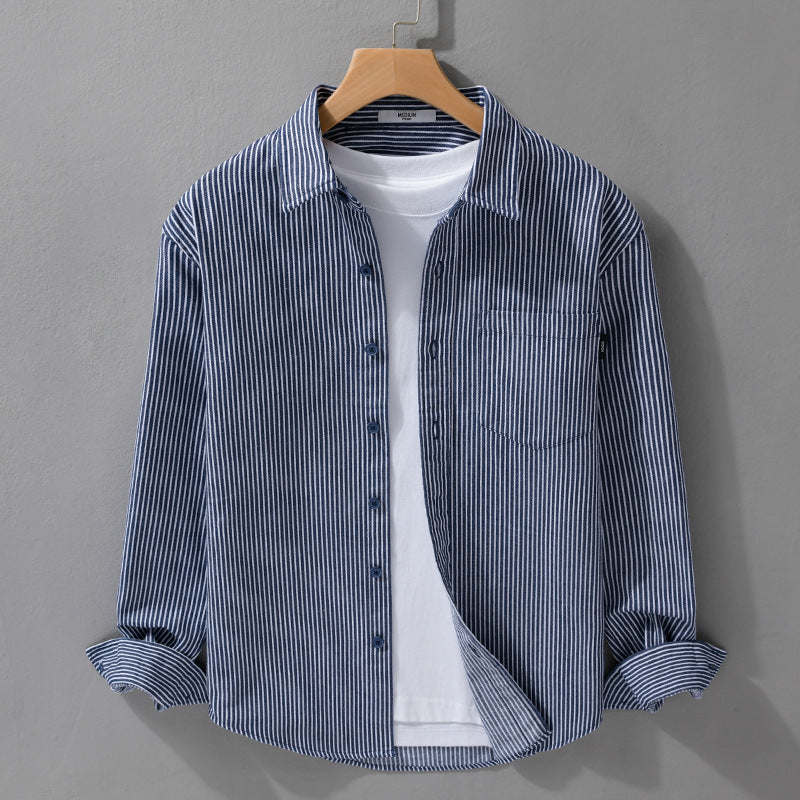 Herren Leichtes Nadelstreifen-Hemd im Layering-Overshirt-Stil mit Kentkragen und aufgesetzter Brusttasche Shop Nory