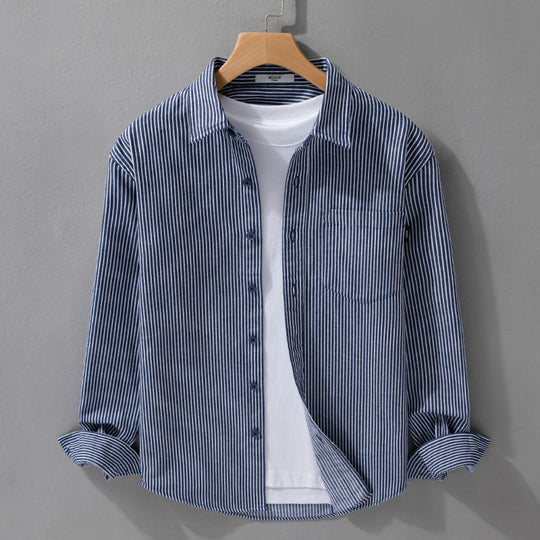 Herren Leichtes Nadelstreifen-Hemd im Layering-Overshirt-Stil mit Kentkragen und aufgesetzter Brusttasche Shop Nory