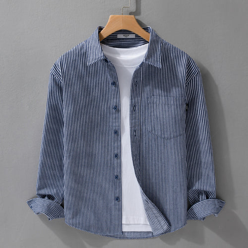 Herren Leichtes Nadelstreifen-Hemd im Layering-Overshirt-Stil mit Kentkragen und aufgesetzter Brusttasche Shop Nory