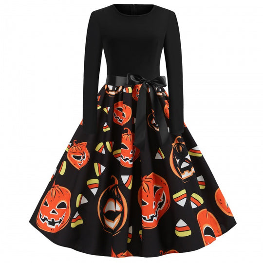 Damen Retro Swing-Kleid mit Halloween Kürbisprint und Taillenschleife Shop Nory
