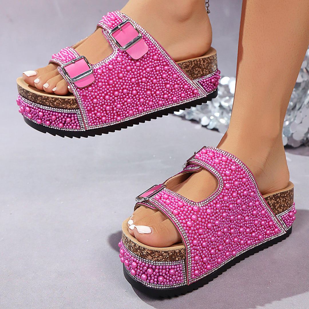 Damen Perlenbesetzte Keilplattform-Sandalen mit Doppelriemen und Komfortfußbett Shop Nory