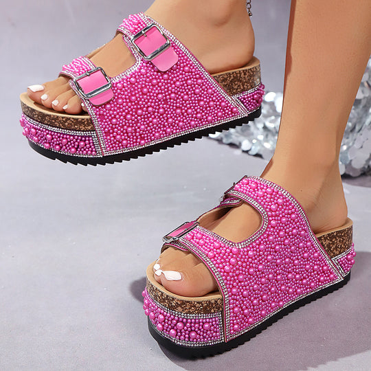 Damen Perlenbesetzte Keilplattform-Sandalen mit Doppelriemen und Komfortfußbett Shop Nory