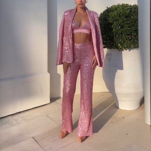 Damen Glitzerndes Anzugset mit weitem Schlag und elegantem Blazer Shopnory