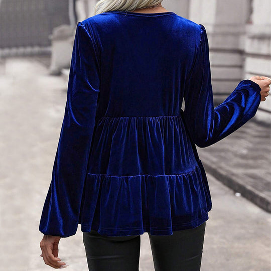 Damen samtiges Volant‑Peplum‑Top mit V‑Ausschnitt, geraffter Taille und langen Ballonärmeln Shop Nory