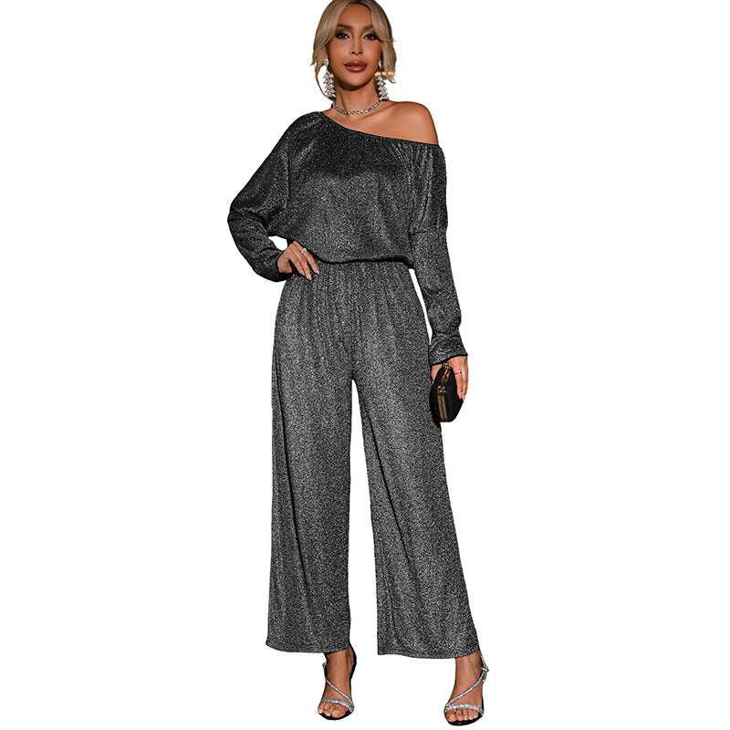 Damen Eleganter Glitzer-Einteiler mit One-Shoulder, weitem Hosenbein und tailliertem Gummibund Shop Nory