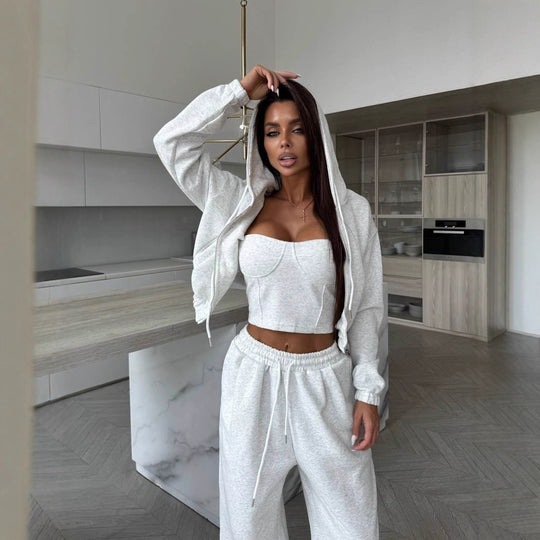 Damen Sculpting-Corsagen-Crop mit Kapuzen-Zipjacke und weiter High-Waist-Jogginghose Shop Nory