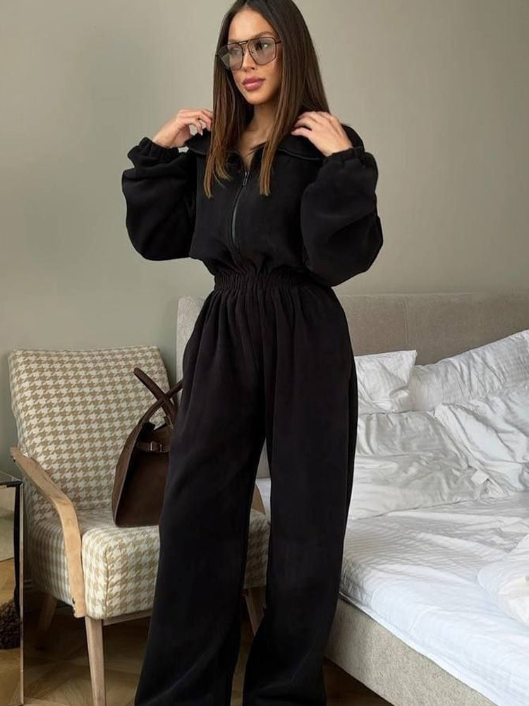 Damen kuscheliger Plüsch-Jumpsuit mit halbem Reißverschluss und elastischer Taille Shop Nory