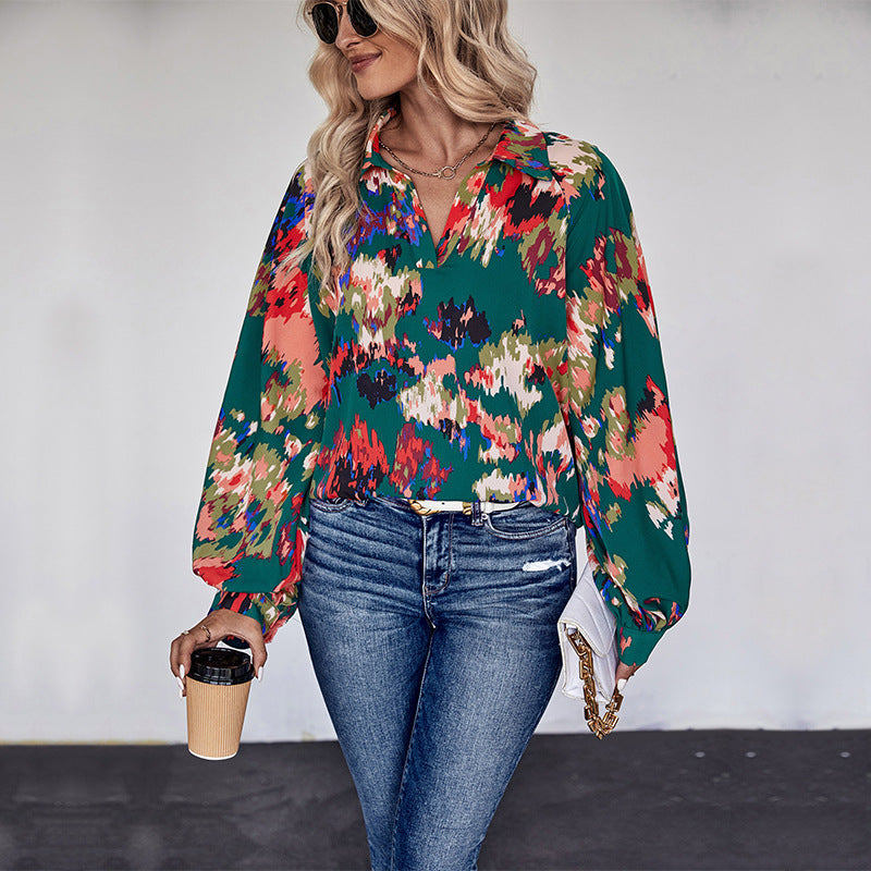Damen Weites Blusenshirt mit Hemdkragen, abstraktem Print und Ballonärmeln Shop Nory