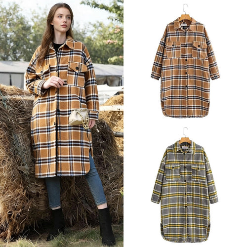 Damen Oversize Karo-Hemdjacke im Longline-Cut mit aufgesetzten Brusttaschen Shop Nory
