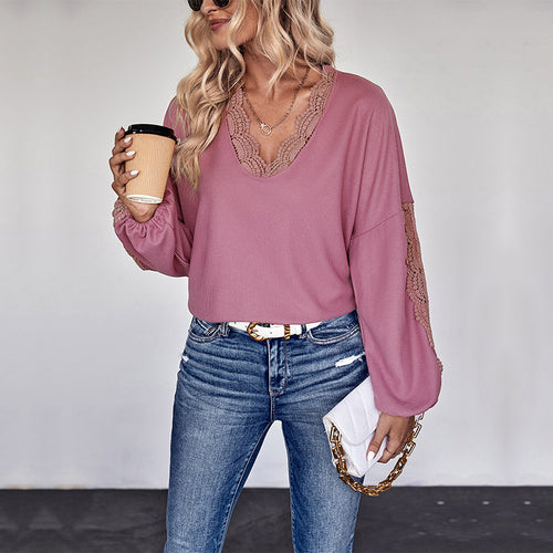 Damen Spitzenbesetzte V‑Ausschnitt-Bluse mit Ballonärmeln und Einsätzen Shop Nory