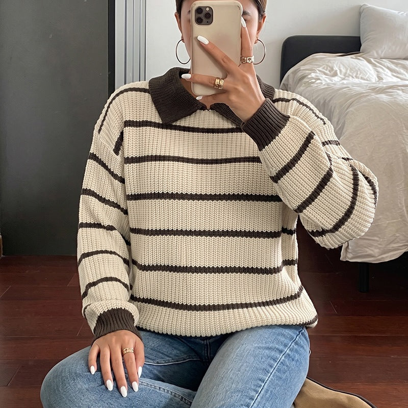 Damen Modischer Strickpullover mit Kragen und Blockstreifen Shop Nory