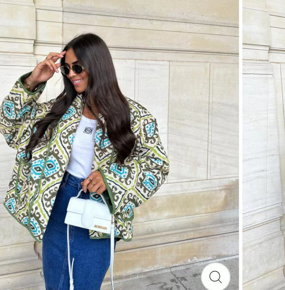 Damen Gesteppte Kimono-Jacke mit Ethno-Print, Kontrastpaspel und aufgesetzten Taschen Shop Nory