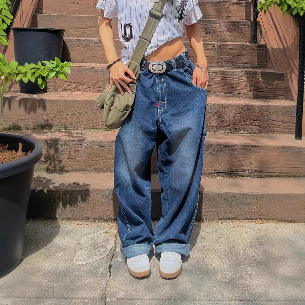 Damen Weit geschnittene Denim-Hose im lässigen Stil mit hohem Bund Shopnory