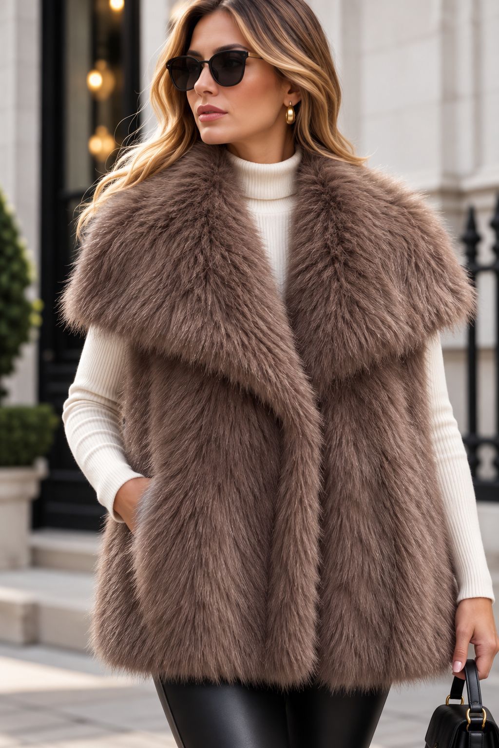 Damen Ärmellose Hochflor‑Kunstfellweste mit voluminösem Schalkragen und Eingrifftaschen Shop Nory