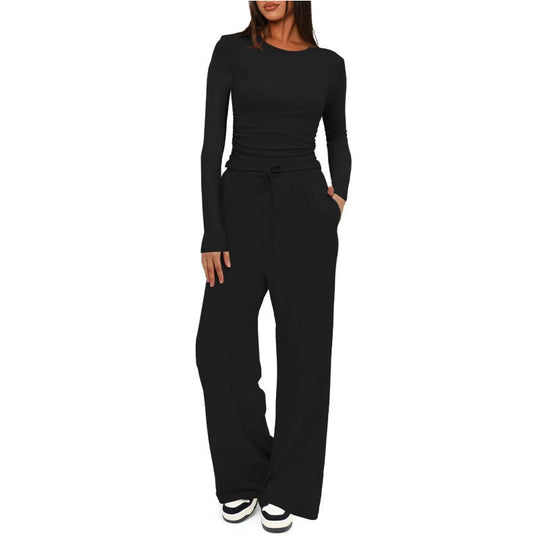 Damen Bequemes Lounge-Set mit langärmligem Oberteil und weit geschnittenen Hosen Shopnory