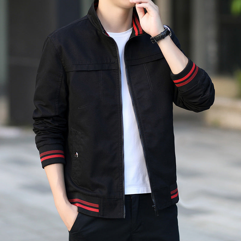 Herren moderner Canvas-Bomberjacke im Worker‑Stil mit gestreiften Rippbündchen und Reißverschluss Shop Nory