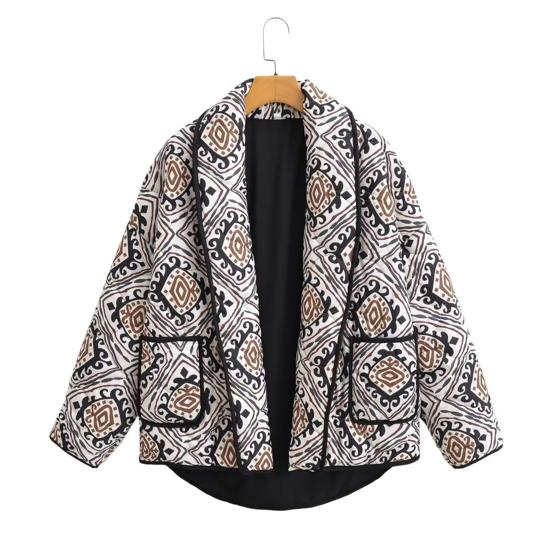 Damen Gepolsterte Kimono-Steppjacke mit Ethno-Print und Kontrastpaspeln Shop Nory