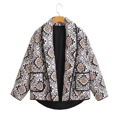 Damen Gepolsterte Kimono-Steppjacke mit Ethno-Print und Kontrastpaspeln Shop Nory