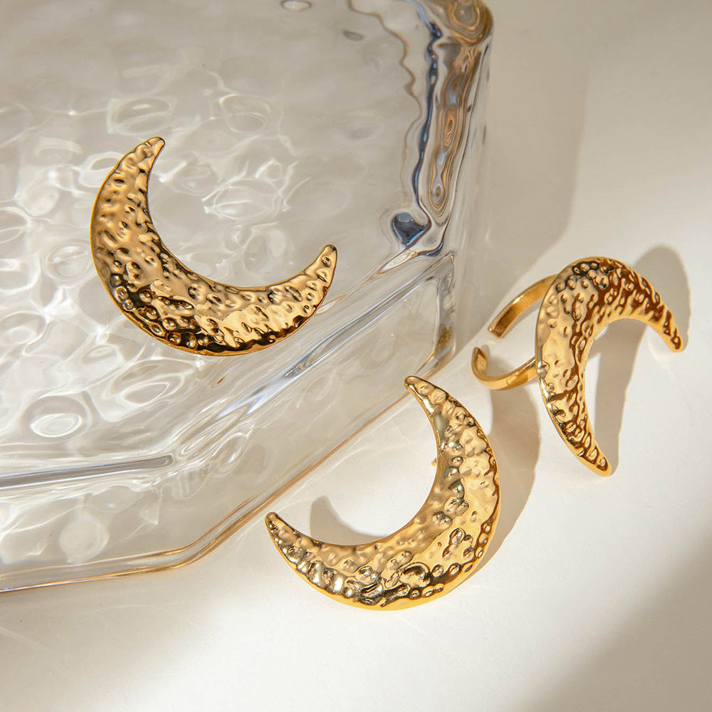 Damen Offener Ring mit strukturiertem Monddesign aus hypoallergenem Edelstahl Shop Nory