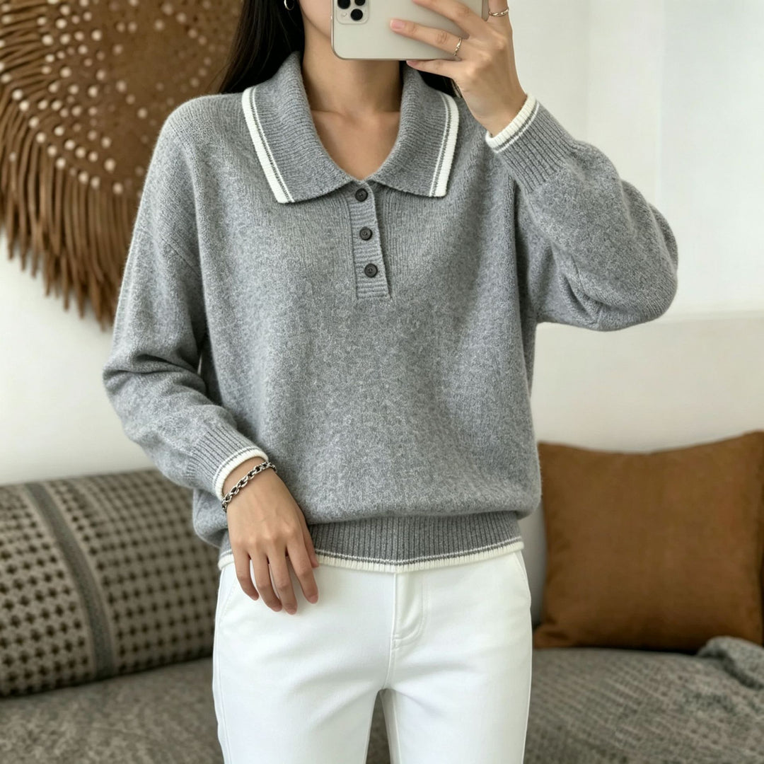 Damen Polokragen‑Strickpullover mit Knopfleiste und gerippten Bündchen Shop Nory