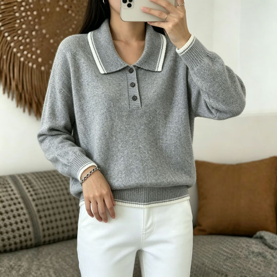 Damen Polokragen‑Strickpullover mit Knopfleiste und gerippten Bündchen Shop Nory