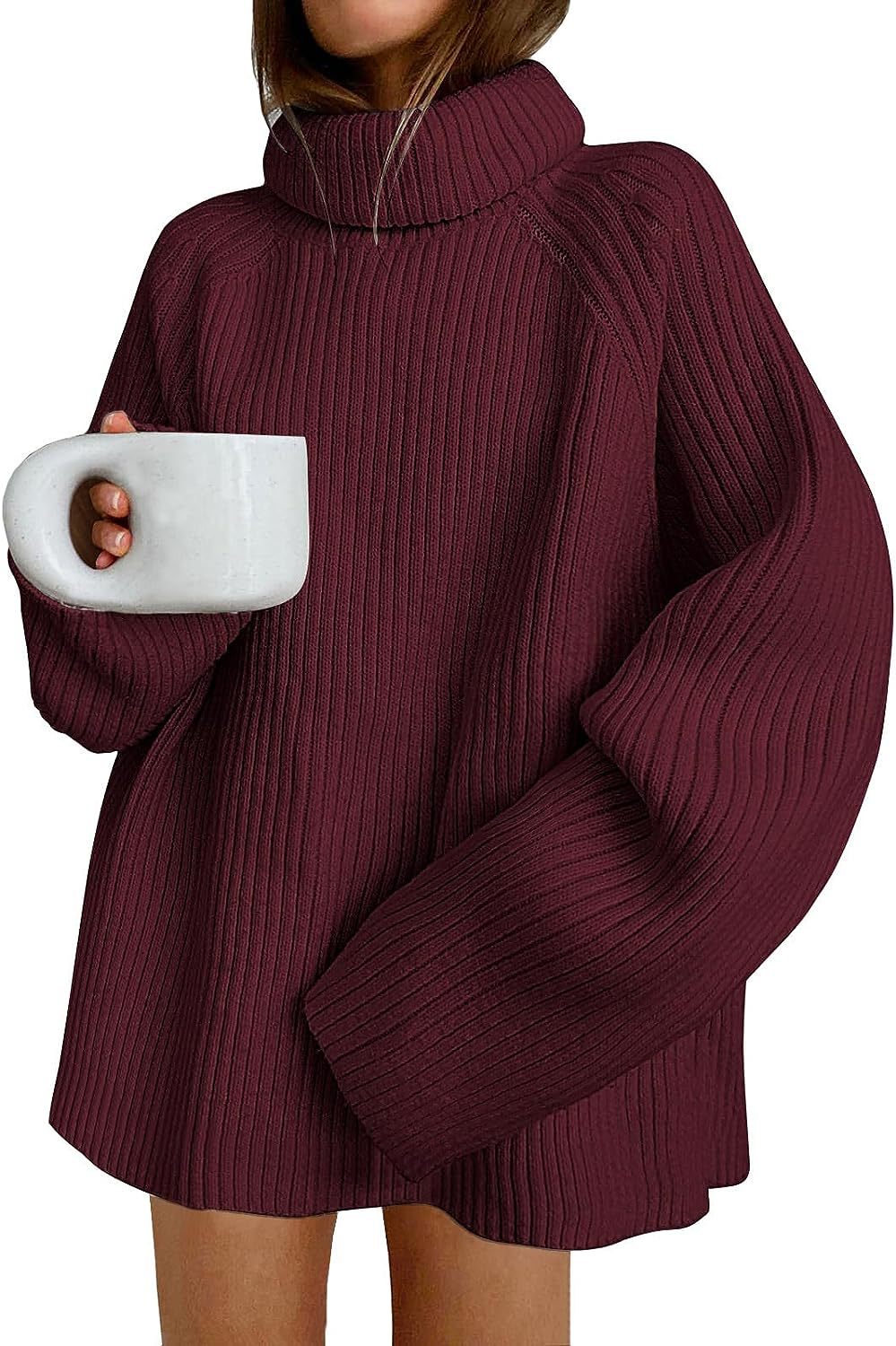 Damen Oversize Pulloverkleid aus Rippstrick mit hohem Rollkragen und voluminösen Ärmeln Shop Nory