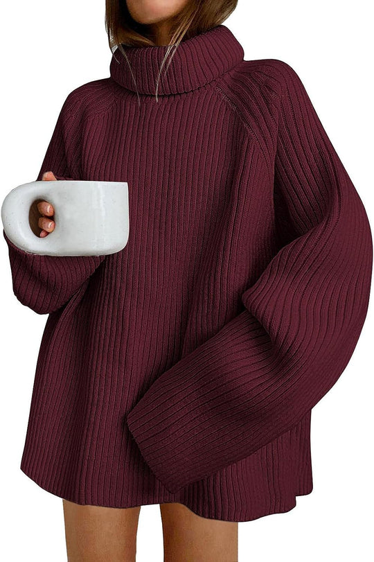 Damen Oversize Pulloverkleid aus Rippstrick mit hohem Rollkragen und voluminösen Ärmeln Shop Nory