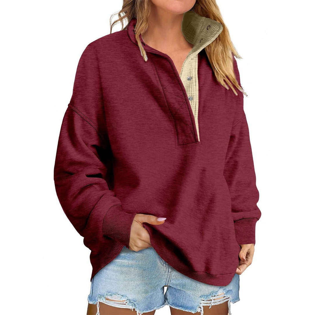 Damen Oversize-Henley-Sweatshirt mit Stehkragen und Druckknopfleiste Shop Nory