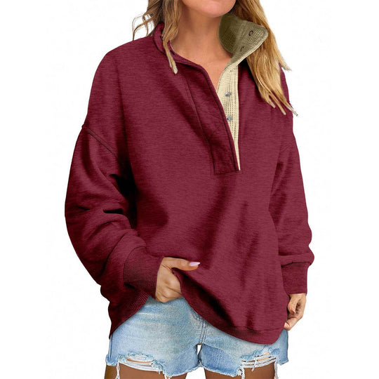 Damen Oversize-Henley-Sweatshirt mit Stehkragen und Druckknopfleiste Shop Nory