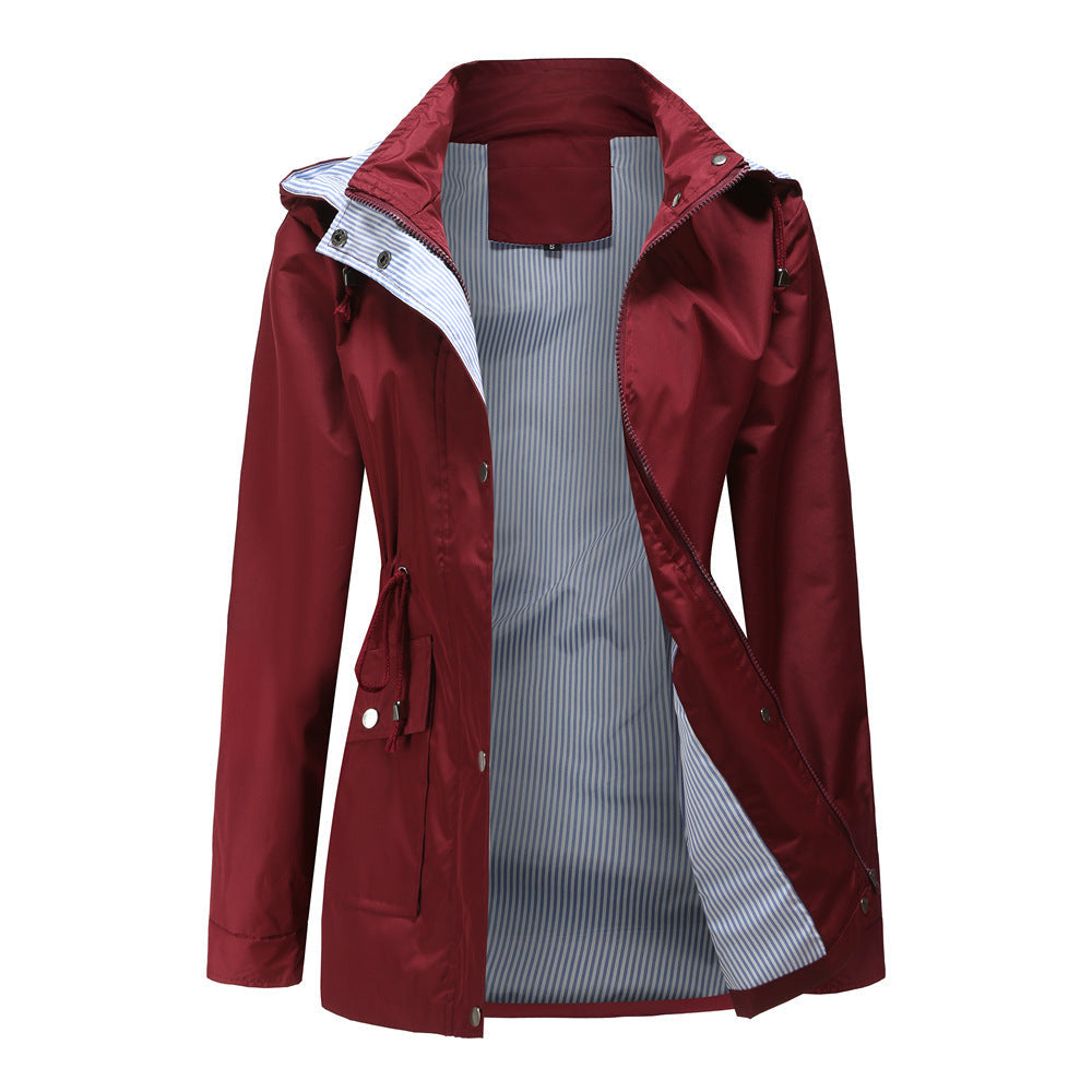 Damen Wetterfeste Regenjacke mit verstellbarem Kapuzenkragen und Taillenzug