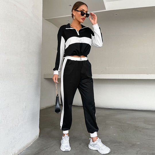 Damen Sportives Crop-Trainingsset mit Half‑Zip, Kontraststreifen & Tunnelzughose Shop Nory