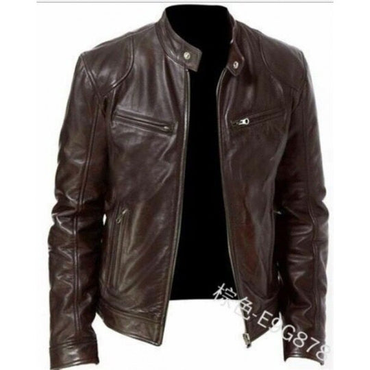 Herren schlanke Echtleder-Bikerjacke mit Stehkragen, zwei Brust-Reißverschlusstaschen und geradliniger Silhouette Shop Nory