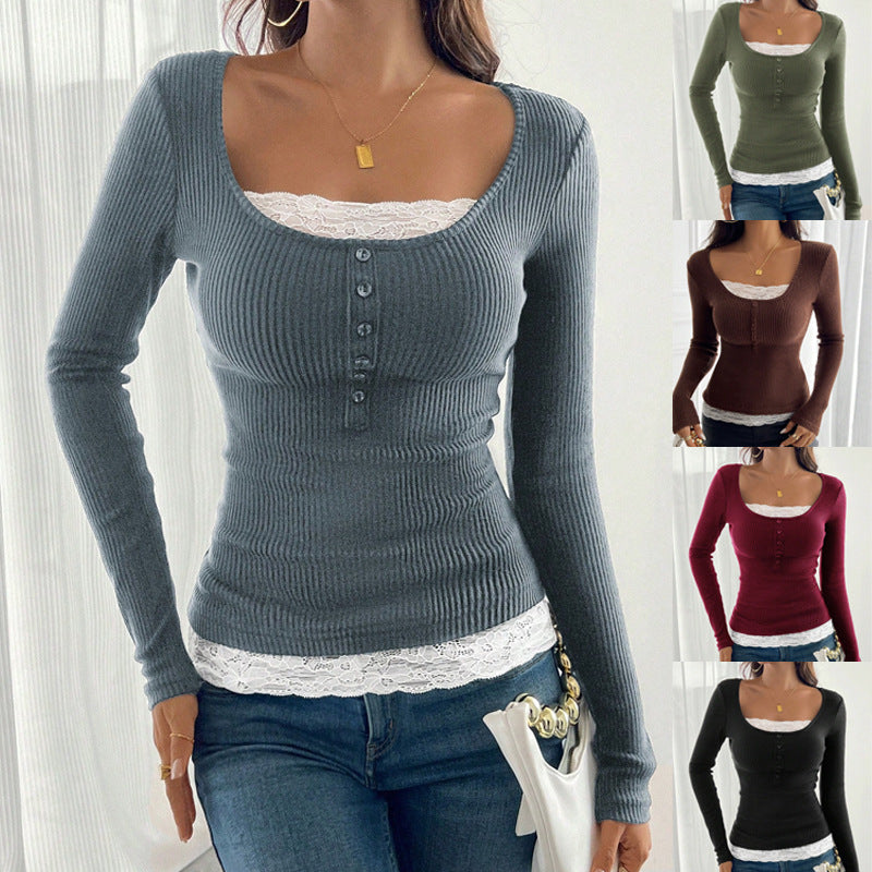 Damen Figurbetontes Rippenstrick-Top mit U‑Ausschnitt und Knopfleiste Shop Nory