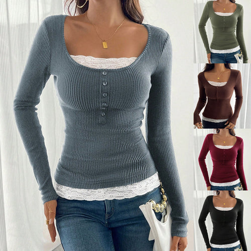 Damen Figurbetontes Rippenstrick-Top mit U‑Ausschnitt und Knopfleiste Shop Nory