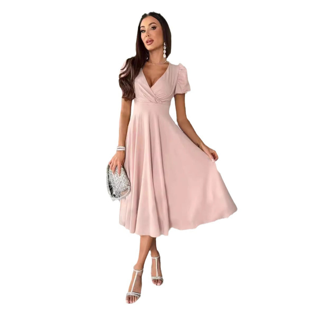 Damen A-Linie Kleid mit Puffärmeln und schmalem V-Ausschnitt