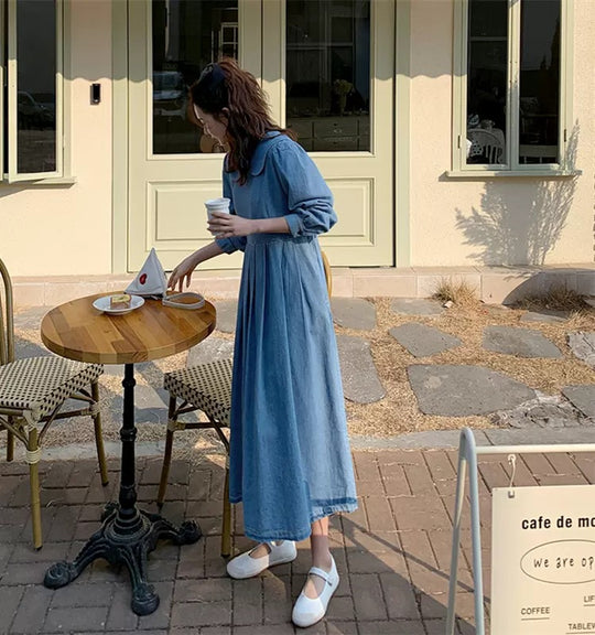 Damen Langes Chambray-Midaxi-Hemdkleid mit geraffter Taillenpasse und weitem Rockfalten Shop Nory