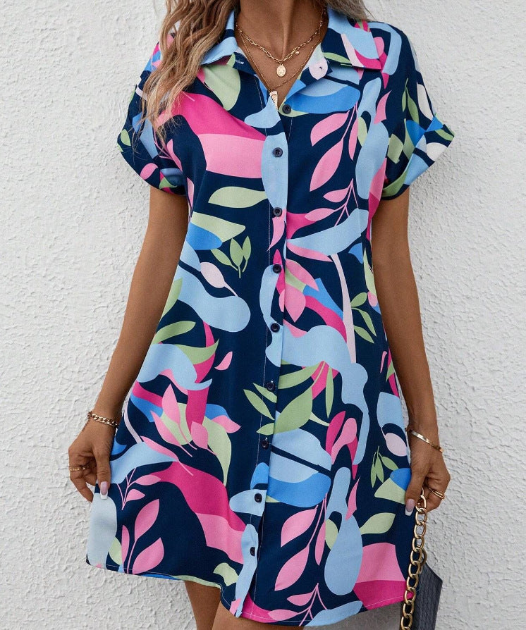 Damen Lockeres Hemdblusenkleid mit Knopfleiste, Reverskragen und floralem Print Shop Nory