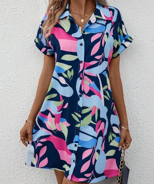 Damen Lockeres Hemdblusenkleid mit Knopfleiste, Reverskragen und floralem Print Shop Nory