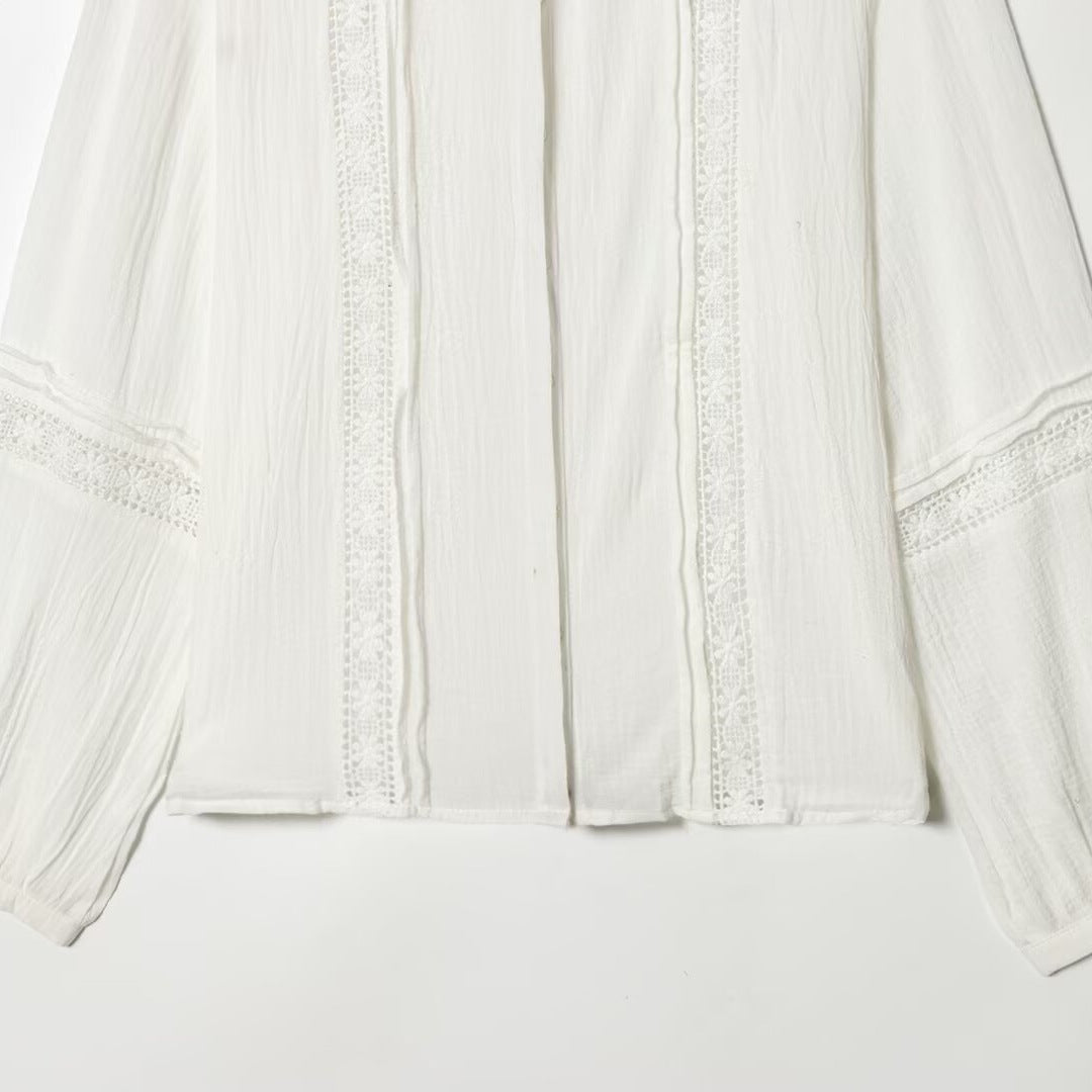Damen Bluse mit zarter Spitzenapplikation, verdeckter Knopfleiste und Ballonärmeln Shop Nory