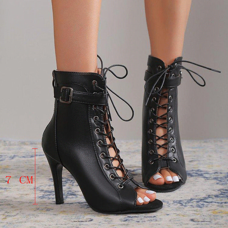 Damen Schnürstiefeletten mit offener Zehenpartie und hohem Absatz