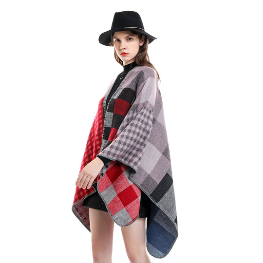Damen Oversize-Umhang im Karomix aus Wollmix mit Häkelsaum Shop Nory