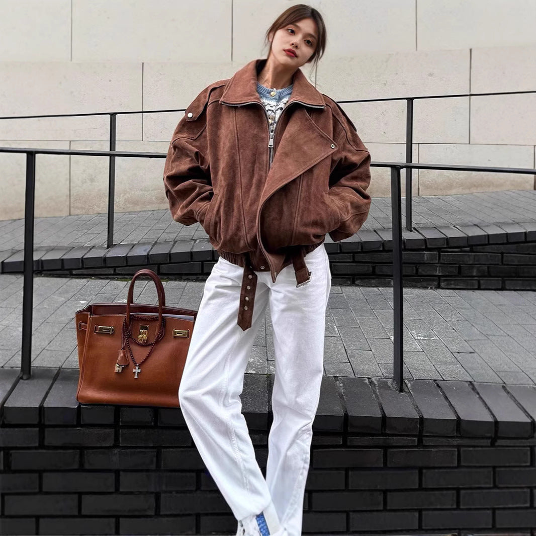 Damen Oversized Veloursleder-Bomberjacke mit Taillengürtel und Schalkragen Shop Nory