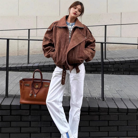 Damen Oversized Veloursleder-Bomberjacke mit Taillengürtel und Schalkragen Shop Nory