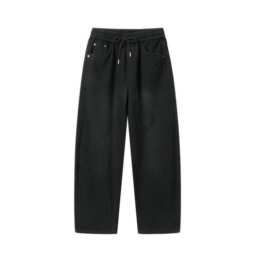 Damen Weite hochgeschnittene Jeanshose mit elastischem Bund, Kordelzug und Ziernähten Shop Nory