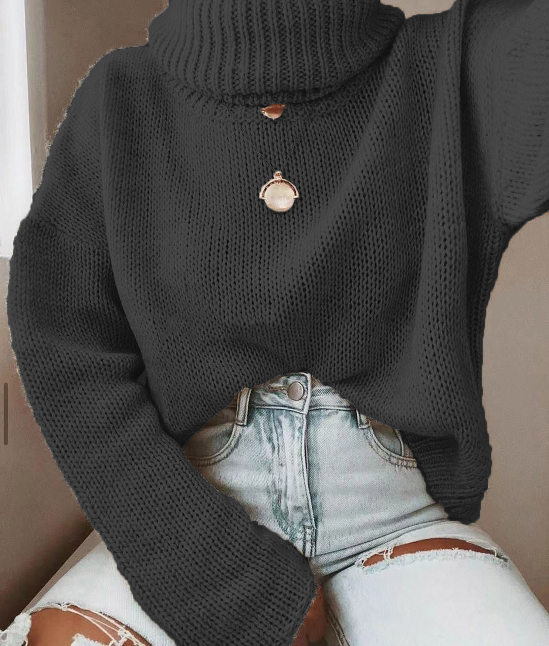 Damen Oversize Rollkragenpullover grobgestrickt mit weitem Schnitt Shop Nory