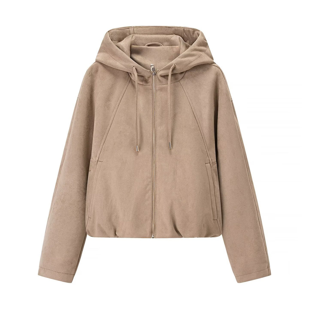 Damen Kurzjacke im Veloursleder‑Look mit Kapuze, Tunnelzug und Reißverschluss Shop Nory